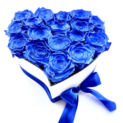 stabilizované modré ruže v srdcovom boxe
