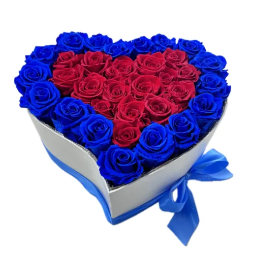 modré a červené stabilizované ruže v boxe