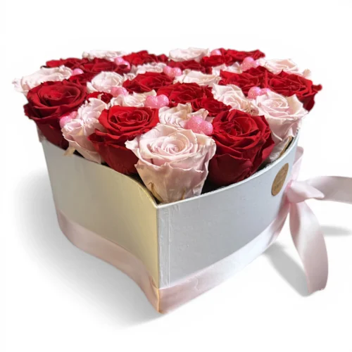 flower box srdce dlhotrvajúce ruže červené a ruzove